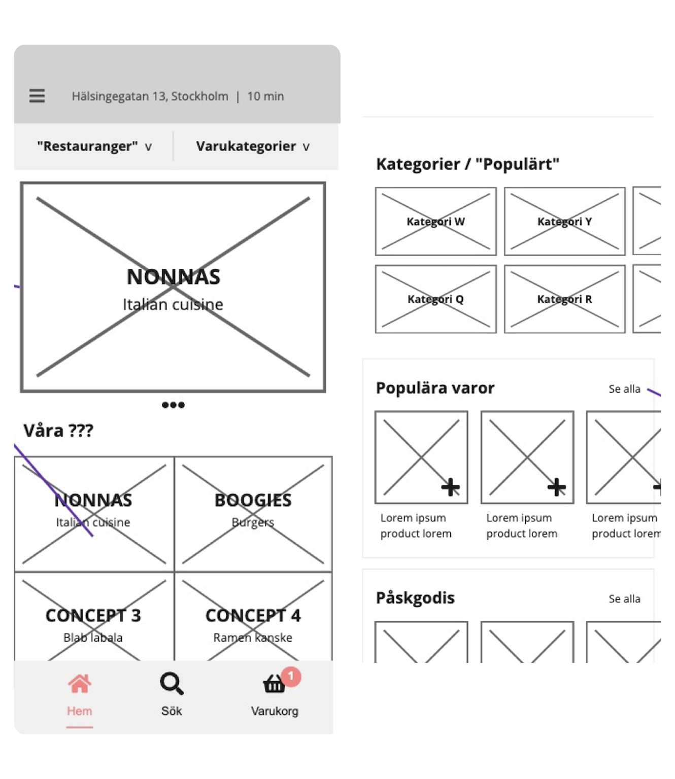 Skissartade wireframes i pdf-format
